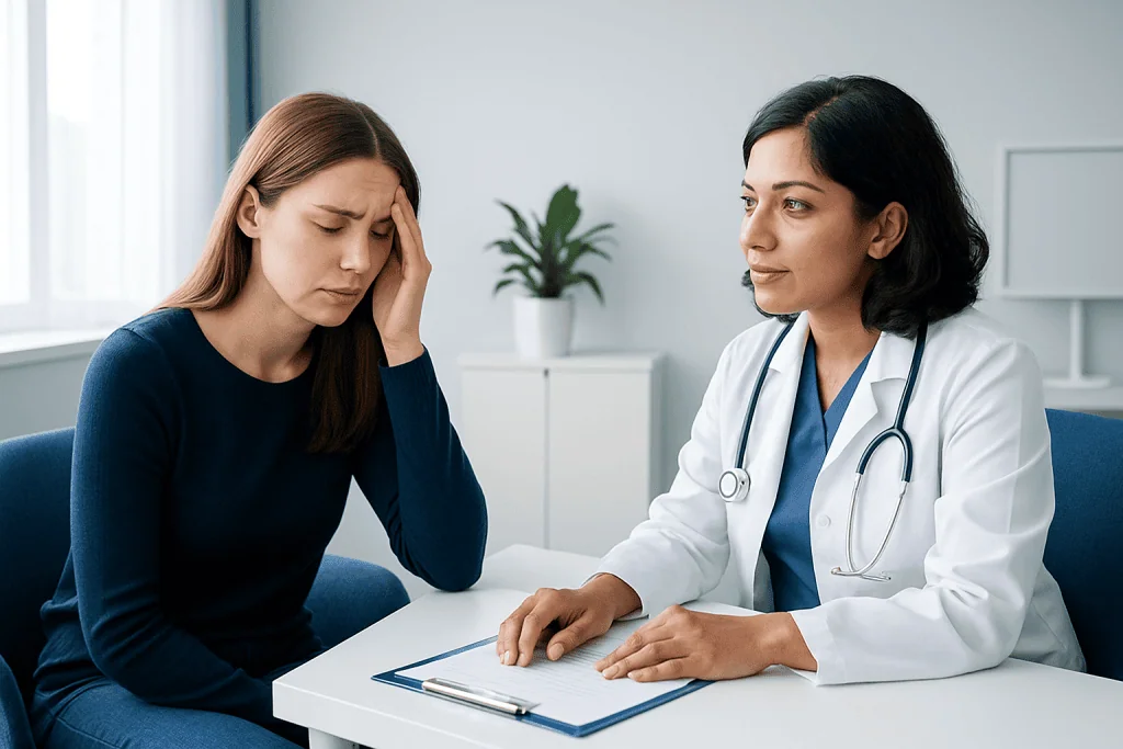 Doctor consulting with a patient experiencing headache or dizziness.