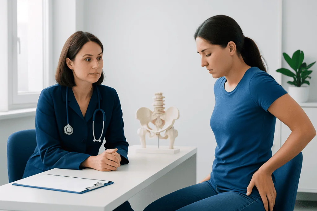 Doctor consulting with patient about lower back pain and pelvic health.
