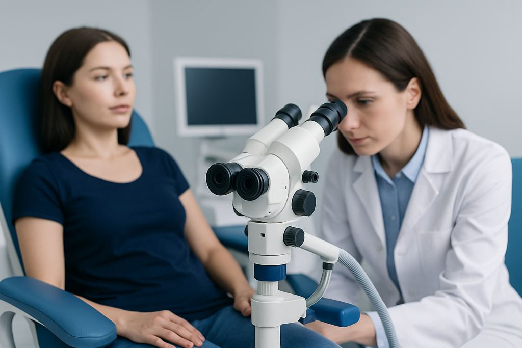 Gynecologist examining patient with microscope in clinic.