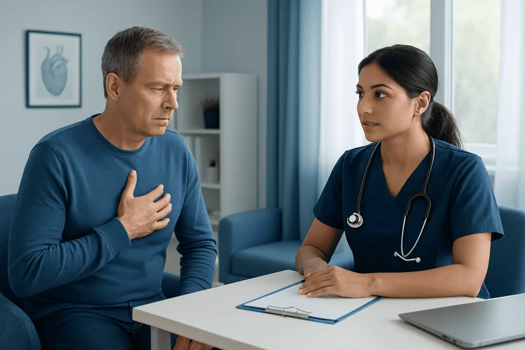 Doctor consulting with a patient about heart health in a medical office.