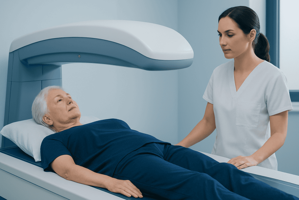 Elderly woman undergoing bone density scan at Acibadem Hospital.