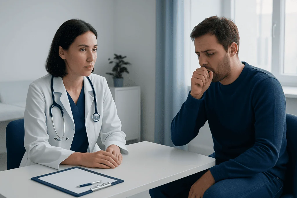 Doctor consulting with a male patient in a medical office.