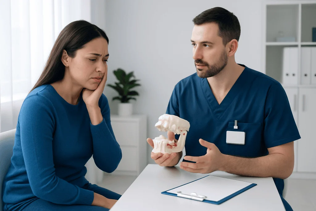Dentist explaining wisdom teeth removal to a patient in a clinic setting.