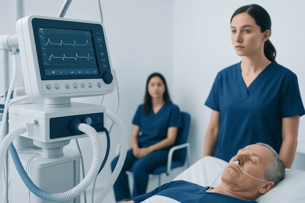 Patient in hospital bed connected to monitoring equipment at Acibadem Hospital.