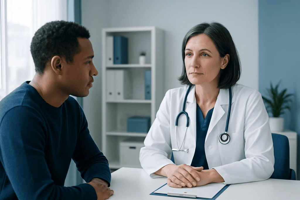 Doctor consulting with a patient in a modern medical office.