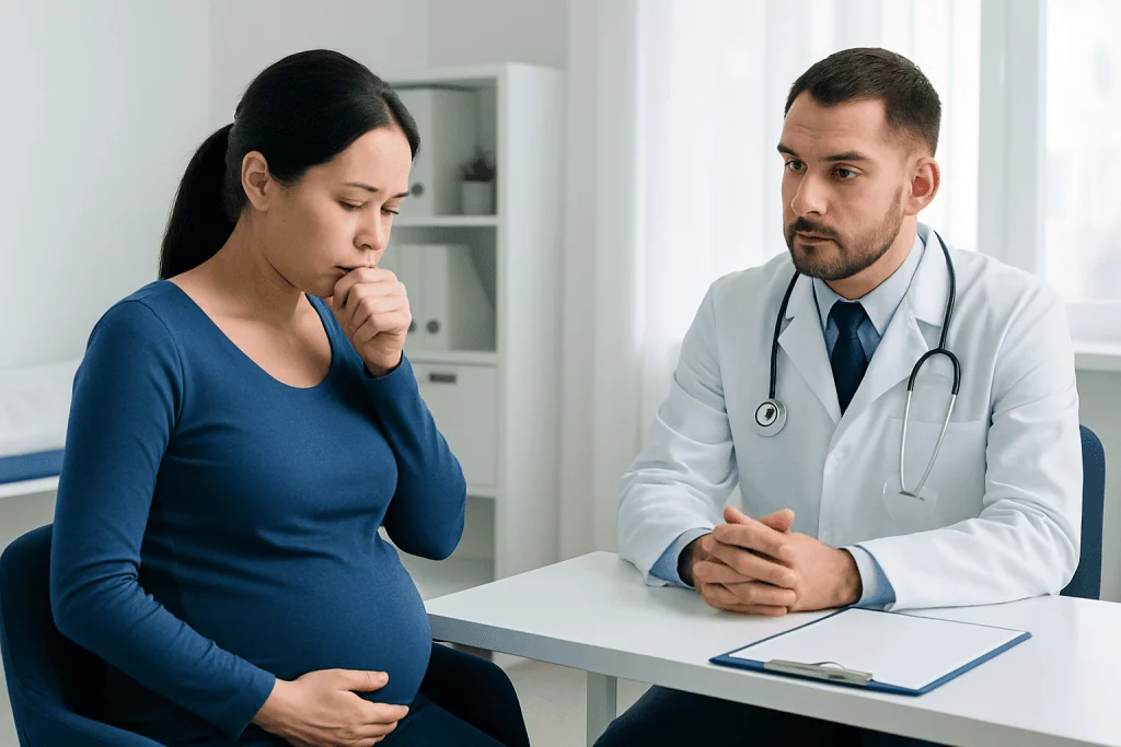 Pregnant woman consulting with a doctor in a medical office.