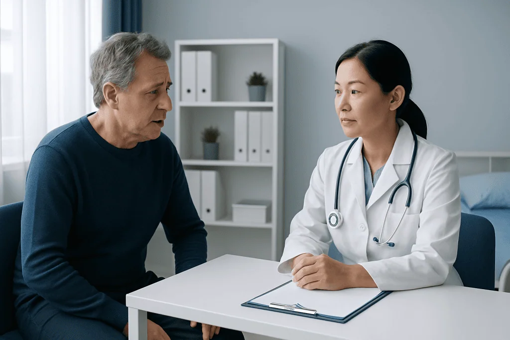 Doctor consulting with an elderly male patient in a medical office.