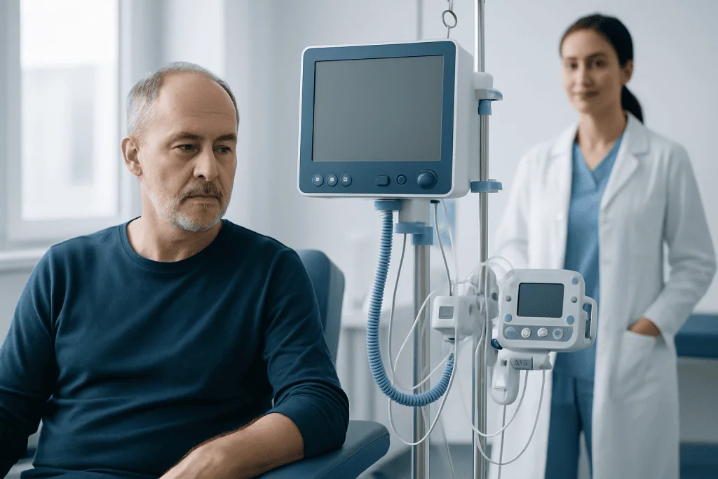 Patient in a hospital room with medical monitors and a healthcare professional.