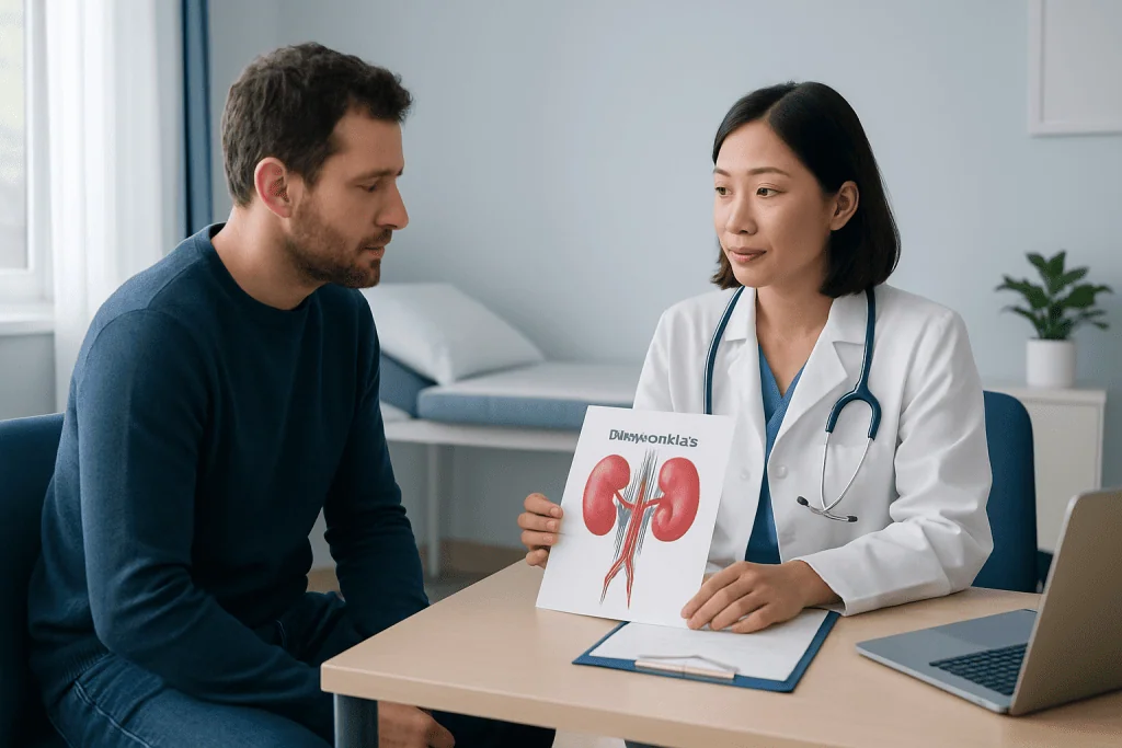 Doctor explaining kidney diagram to patient in a consultation room.