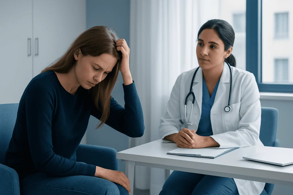 Doctor consulting with a patient about hair loss or scalp issues.