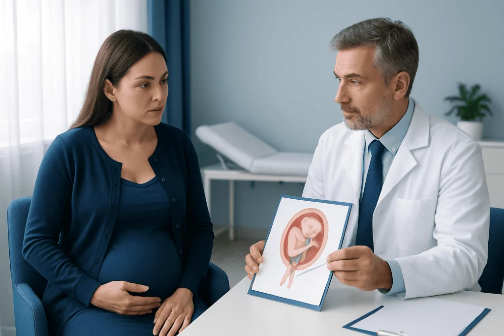 Doctor explaining fetal ultrasound image to pregnant woman in consultation room.