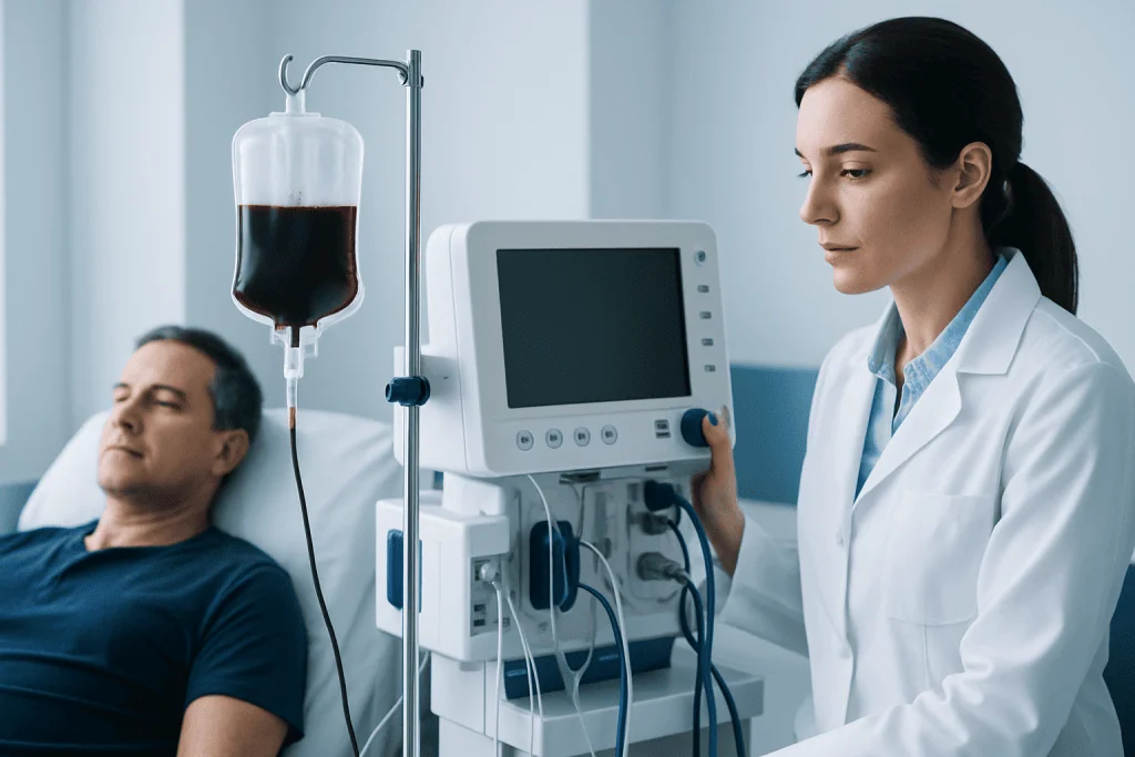 Medical professional monitoring a patient with hemolysis symptoms in hospital.