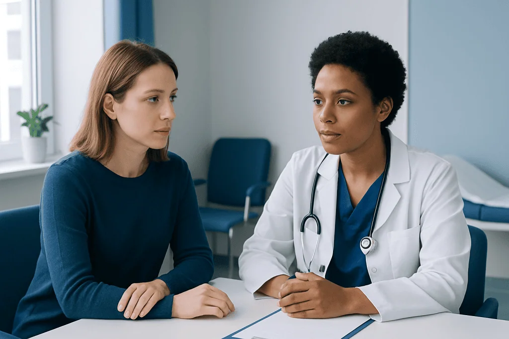 Doctor consulting with a patient in a medical office setting.