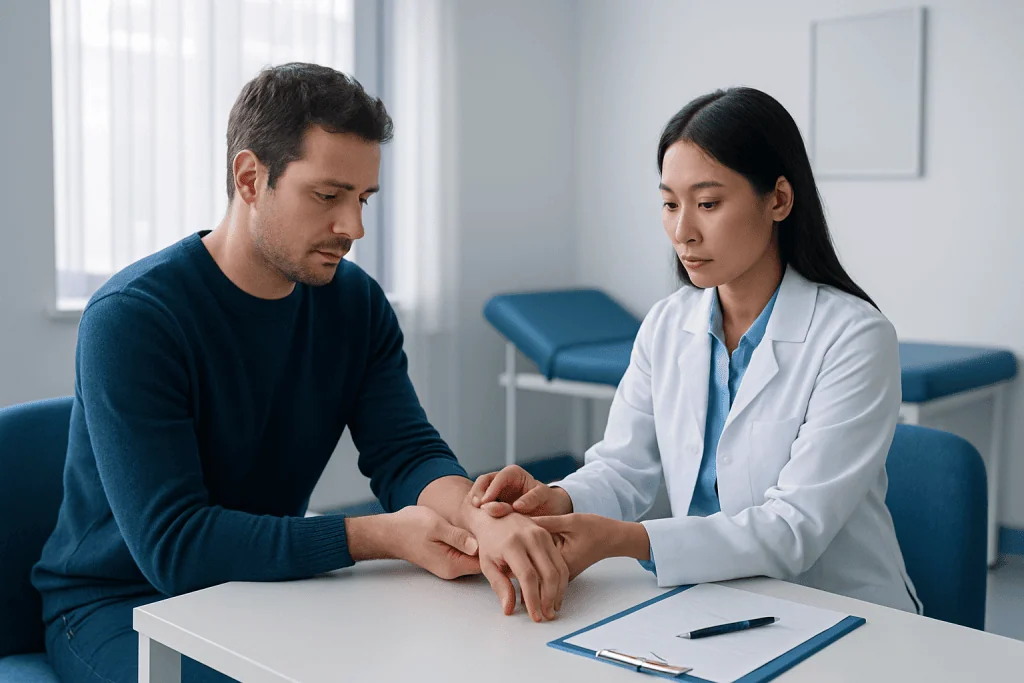Doctor examining patient's wrist for cyst or ganglion.
