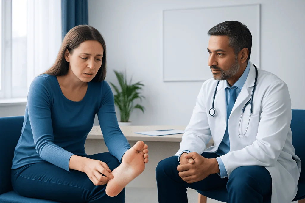 Doctor examining patient's foot for callus treatment in a clinic setting.