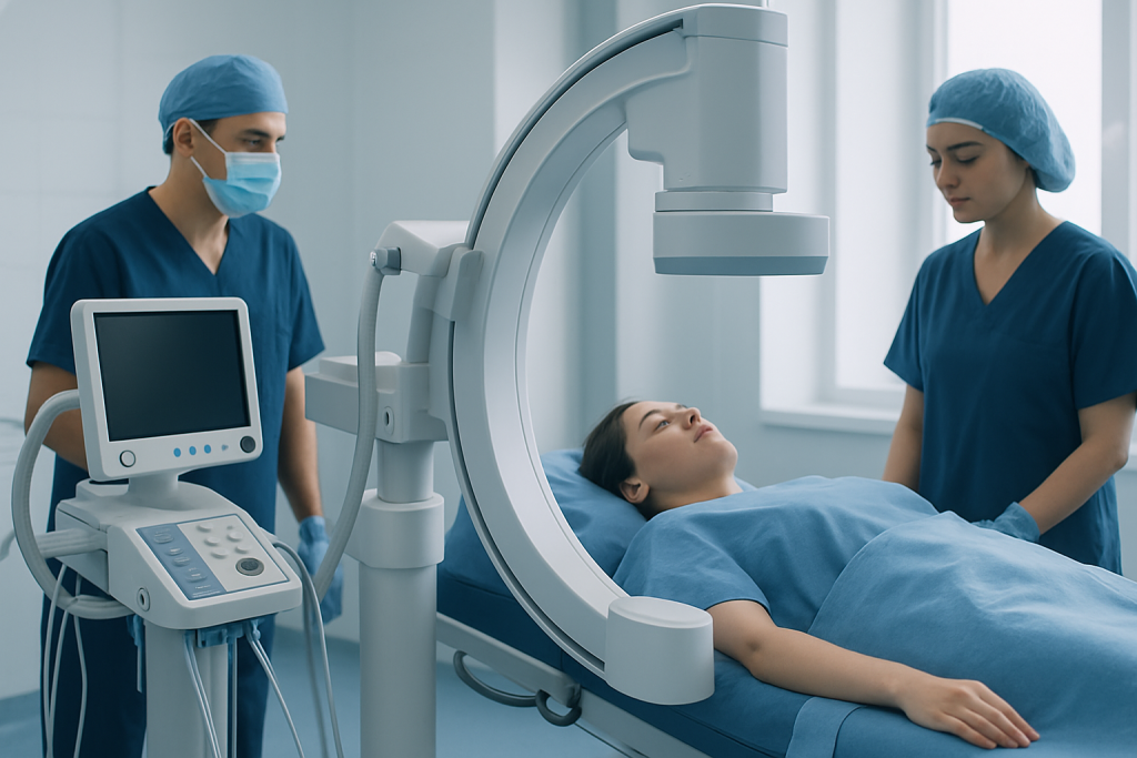 Medical team preparing for a diagnostic imaging procedure in a hospital.