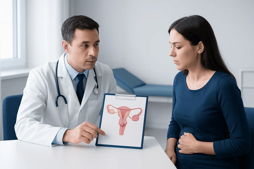 Doctor explaining uterine diagram to patient in a medical consultation.