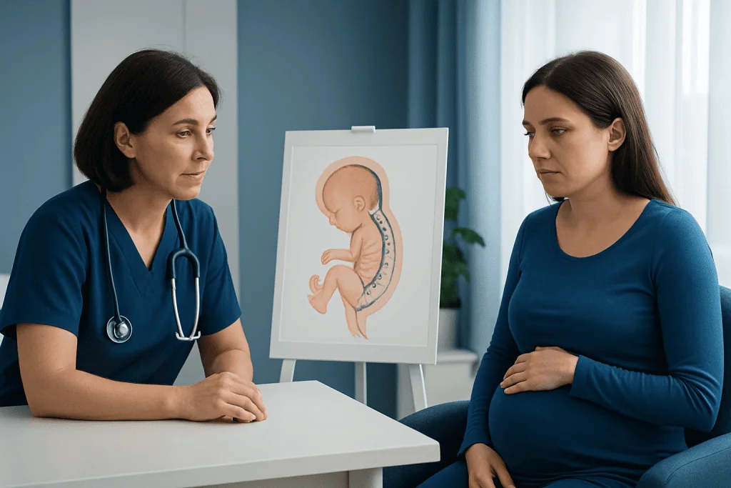 Doctor explaining fetal spine development to pregnant woman with diagram.