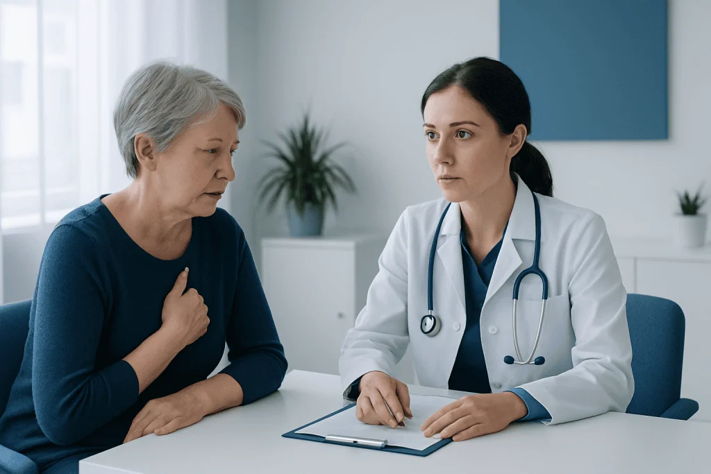 Doctor consulting with an elderly patient in a hospital setting.