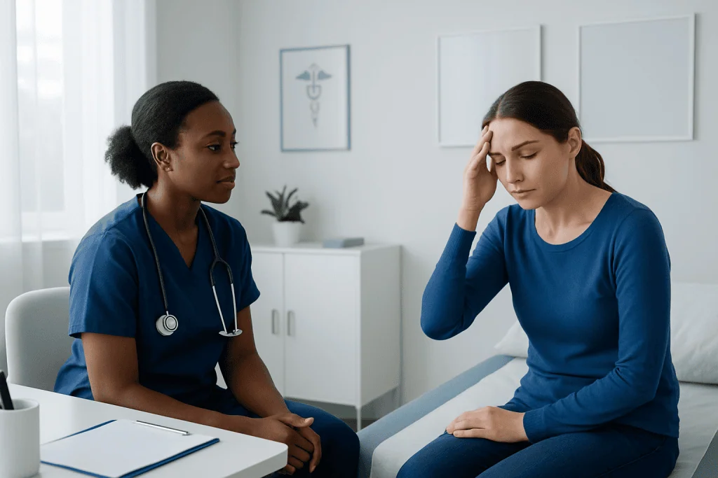 Patient experiencing headache consulting with healthcare professional in clinic.
