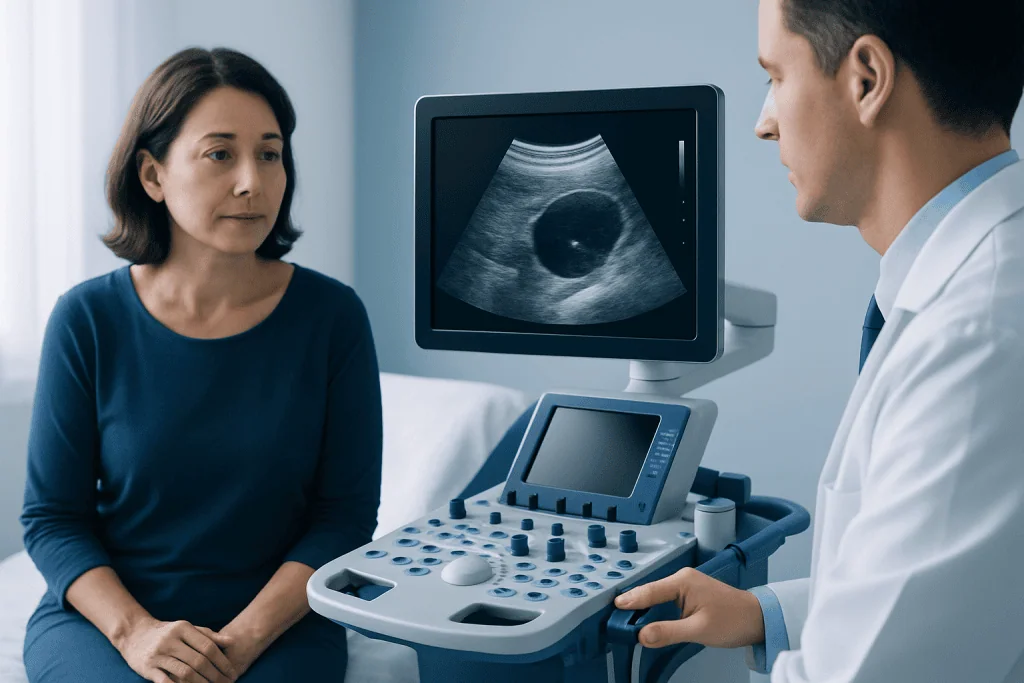 Doctor performing ultrasound exam on female patient in clinic.