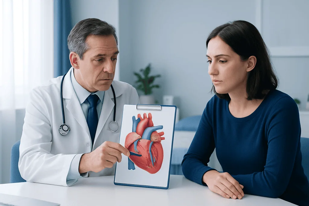 Doctor explaining Ebstein heart defect to a patient with heart diagram.