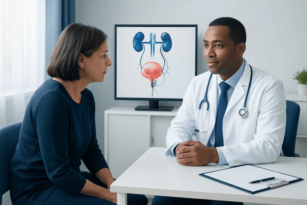 Doctor consulting with patient about urinary system health in clinic.