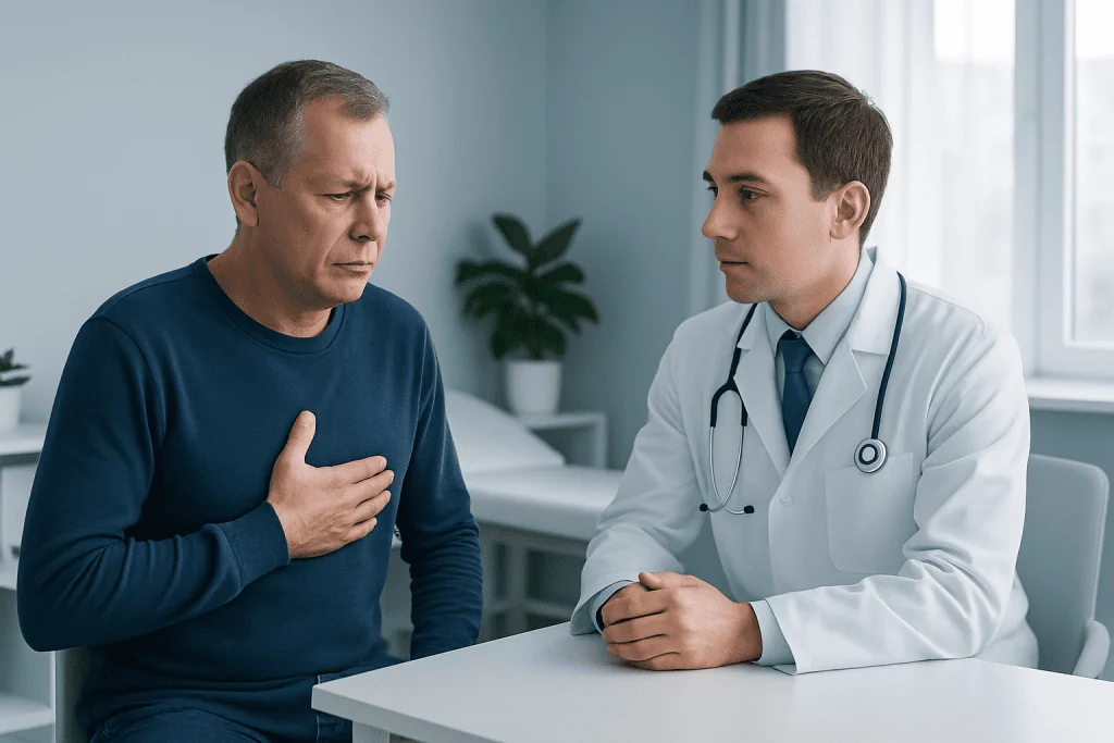 Doctor examines patient with chest pain in a medical consultation.