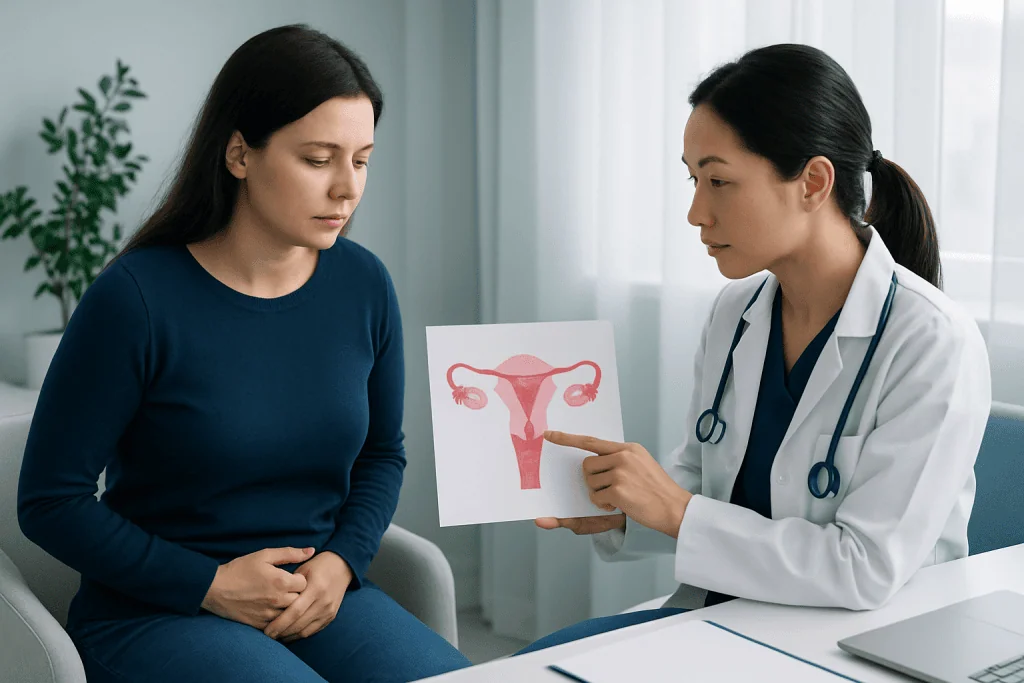 Gynecologist explaining ovarian anatomy to patient with diagram.