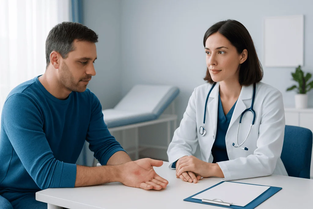 Doctor consulting with a patient in a medical office setting.
