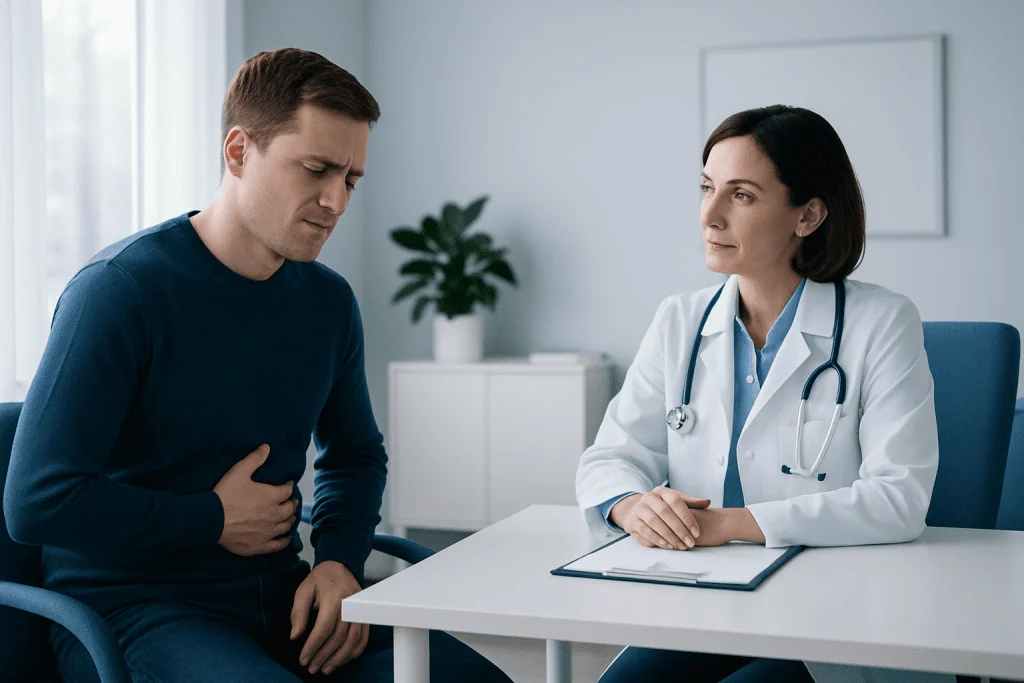 Patient experiencing stomach pain during medical consultation at Acibadem Hospital.