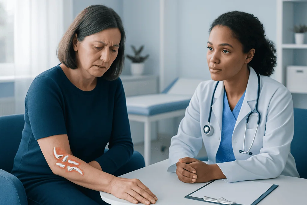 Doctor explaining treatment options to a patient with arm injury.