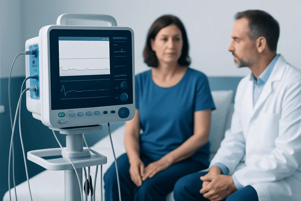 Doctor and patient discussing heart monitor readings in a hospital setting.