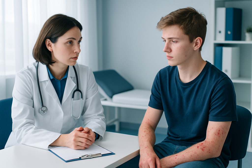 Doctor consulting with a young patient with skin condition at hospital.