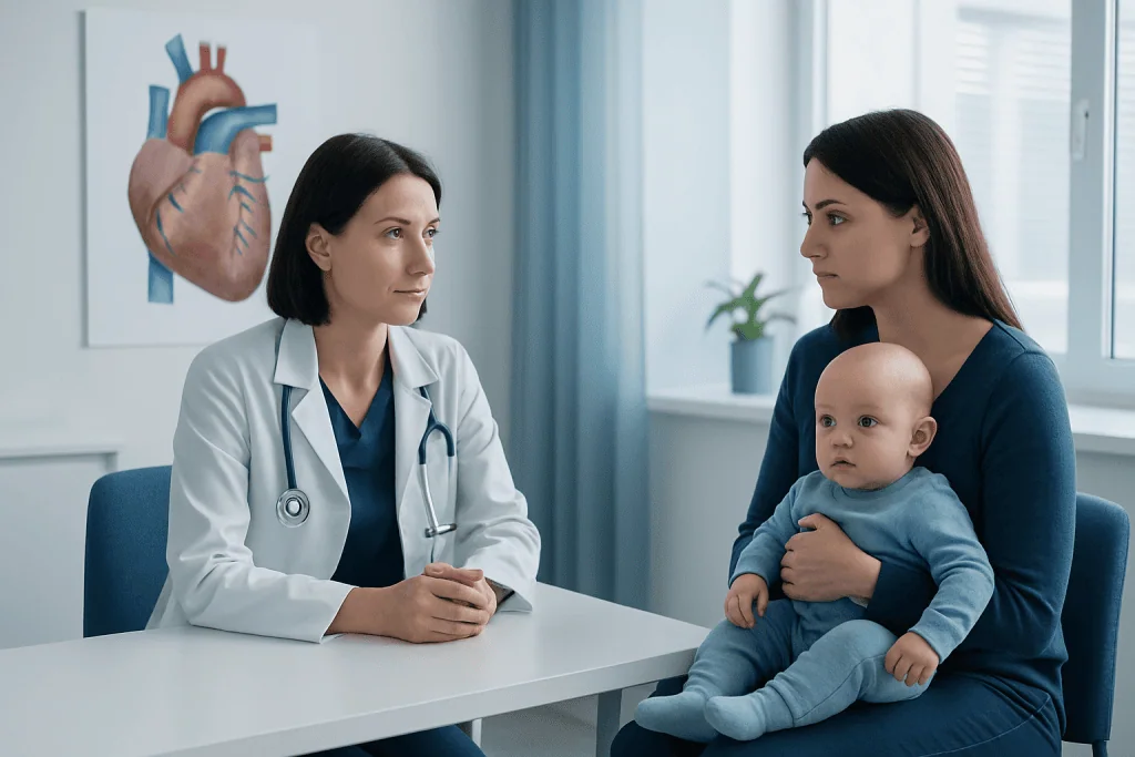 Pediatric cardiology consultation at Acibadem Hospital with doctor and mother with child.