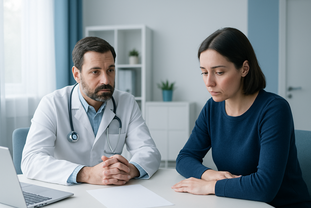 Doctor consulting with a female patient in a modern clinic setting.