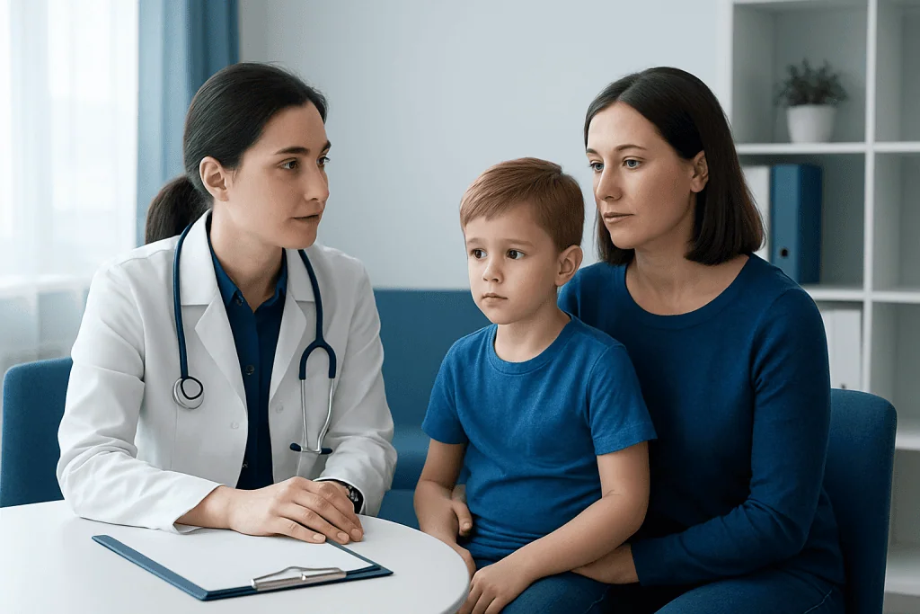 Doctor consulting with young boy and mother in hospital setting.