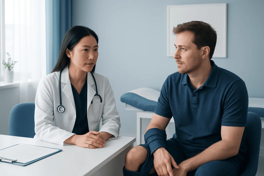 Doctor consulting with a male patient in a medical office.