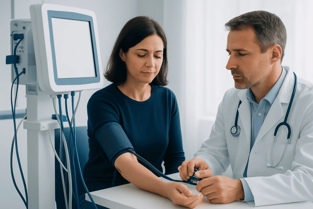 Doctor measuring patient's blood pressure in a clinical setting.