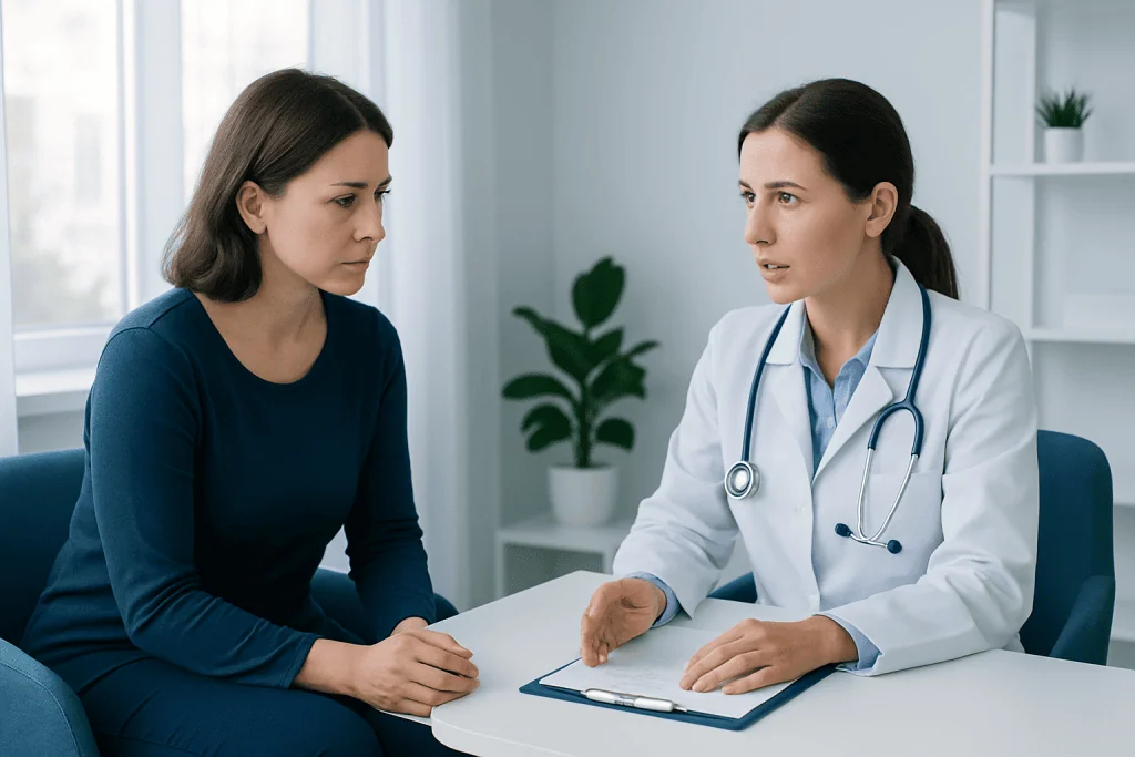 Doctor consulting with a female patient in a modern clinic setting.