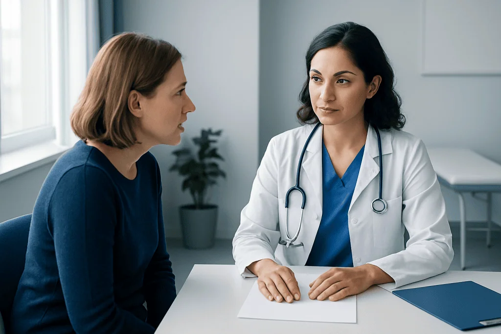Doctor consulting with a patient in a modern medical office setting.