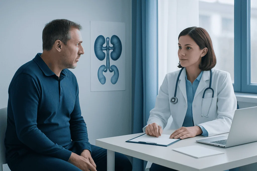 Doctor consulting with patient about kidney health in a medical office.