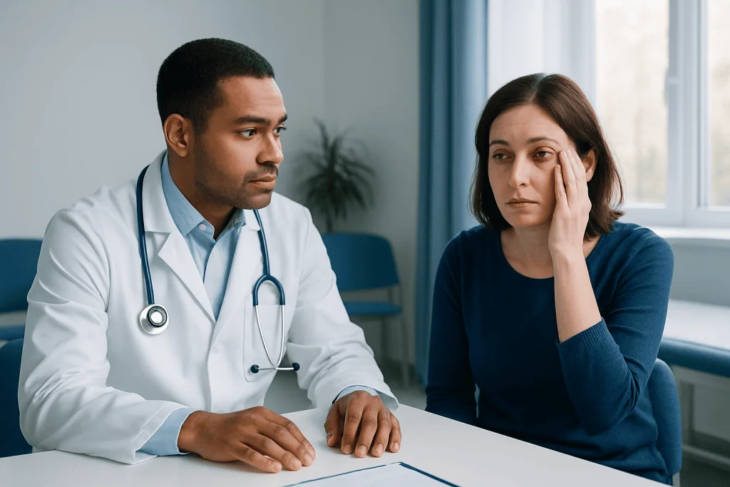 Doctor consulting with a female patient in a medical office setting.