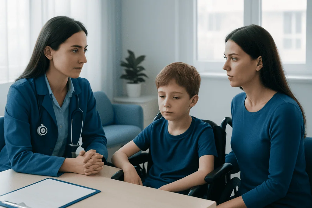 Pediatric consultation with a doctor and mother in a hospital setting.