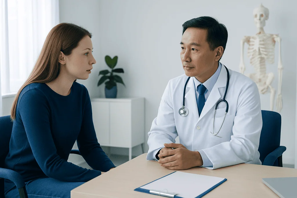 Doctor consulting with a young female patient in a medical office.