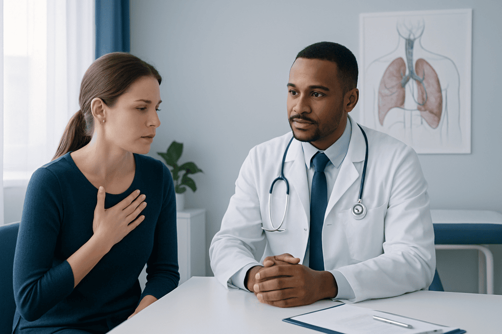 Doctor consulting with a patient about respiratory health in a medical office.