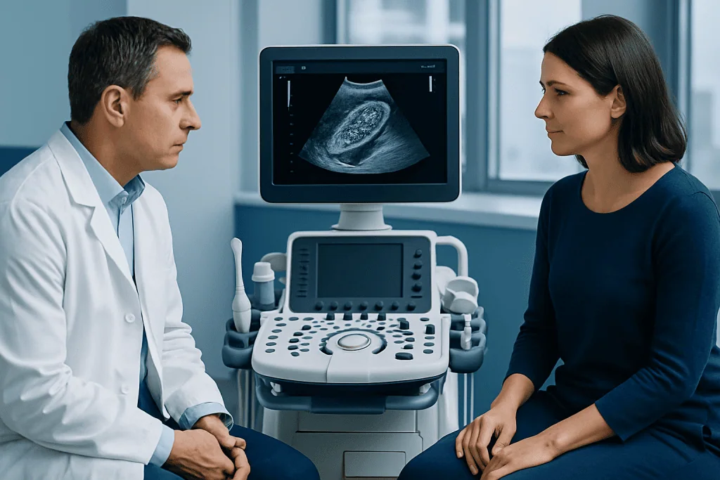 Doctor and patient discussing ultrasound scan in medical consultation room.