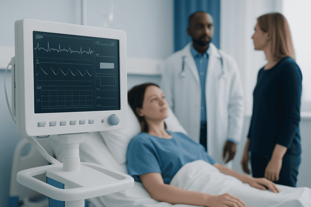 Patient in hospital bed with medical staff and monitoring equipment.