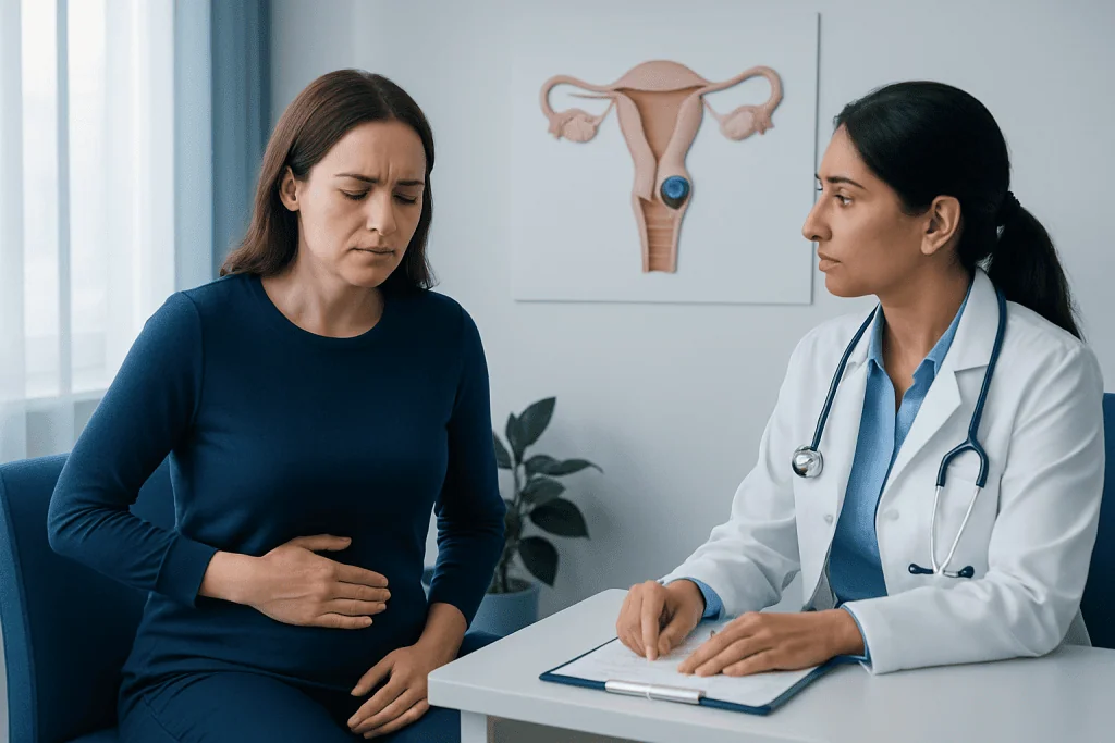 Woman experiencing abdominal pain during gynecological consultation at Acibadem Hospital.