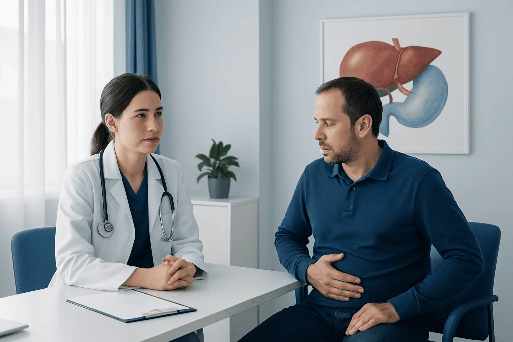 Doctor consulting with male patient about liver health in clinic.